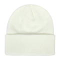 Close-up view of a pure white knitted beanie featuring a classic ribbed cuff texture. - Soft White