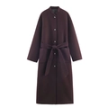 Cappotto lungo da donna in lana con collo alto e cintura in vita colore bordeaux - XS / Rosso Vino Scuro