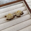 Macro detail of vintage gold tassel earrings with tiger eye beads and crystals - 20# Silver Earring Post - Gold Coffee