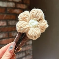 Handcrafted crochet flower hair claw clip in cream beige and white color finish - 050 Knitted Flower - Coffee