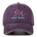 Detailed embroidery of female silhouette and text on purple washed cotton baseball cap - Purple