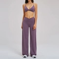 Purple yoga set featuring crossover sports bra and high waisted flare leg pants - S / Bean Paste Purple