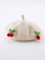 Beige knitted baby beret with 3D red cherry accents and a top handle decoration - 44-48CM (Recommended 5 months-2 years old) / Beige