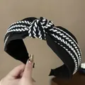 Elegant black and white tweed knotted headband with gold thread accents for women - S25 Black Woven Texture Knot Style