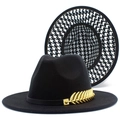Classic black felt fedora hat featuring gold leaf buckle and houndstooth lining - One Size / Solid Black (2#)