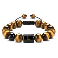 Adjustable tiger eye stone bracelet for men with golden letter L engraved black bead - Letter L