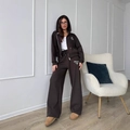 Women's chocolate brown oversized zip hoodie and high-waist wide-leg sweatpants set - S / Brown