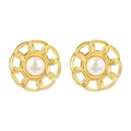 Retro gold stainless steel earrings with white pearl and elegant chain-textured border - Chain Texture Hollow Pearl (MS-627)