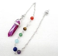 Zeven chakra paarse agaat pendel met zeshoekig prisma en zilverkleurige ketting - B10-Paarse Agaat