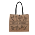 Jute-Tragetasche in Hellbraun mit schwarzen Seilgriffen und HELLO WEEKEND Blumendruck - Muster 8 Zweige / HELLO WEEKEND Schriftzug