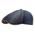 Vintage washed denim beret cap with brown leather brim and contrast stitching - Adjustable / Dark Blue (BJM189)