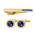 Business tie clip and cufflinks set with blue crystal in gold finish for men - Set / Gold/Blue Zirconia
