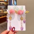 Pink peach and white bunny ear hair clips with long golden tassels for girls - 565 Peach Rabbit Style Pair Clips