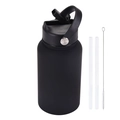 650ml matte black stainless steel sports bottle with handle, straws and cleaning brush - Black