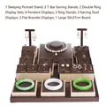 Brown leather jewelry display set with champagne gold base for rings and necklaces - Set 9