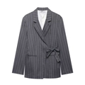 Blazer croisé gris à fines rayures avec ceinture nouée, vue à plat professionnelle - XS / Outerwear
