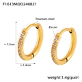 Detail view of gold titanium hoop earrings with zircon stones and dimension specs - Gold