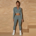 Seamless yoga set in sage green featuring ribbed zipper top and high waist leggings - Light Blue Long-sleeved Shirt And Trousers.