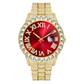 Luxury gold watch with red Roman dial and iced-out crystal Cuban bracelet set - Gold / Red
