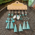 3-piece bohemian earring set with turquoise beads, shells and blue fringe tassels - Shell Turquoise Bead Blue and White Tassel Style (HQEF-1851)