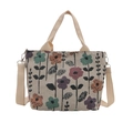 Minimalist canvas tote bag with floral pattern and detachable strap on white background - Woven Floral / Dark Floral