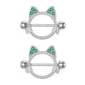 Piercing capezzolo a forma di gatto argento con zirconi verdi e bianchi su bianco - Stile Testa di Gatto con Occhi Verdi (2743) / Color Acciaio