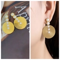 Gold finish titanium steel pearl drop earrings featuring textured sunburst round discs - 36# Radiant Disc Pearl