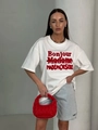 Oversized white cotton T-shirt with red Bonjour Madame graphic print for women - S / White
