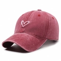 Distressed dark red washed baseball cap featuring a white embroidered heart design - Red