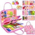 Pink felt busy board toy featuring unicorn theme and early learning skill panels - Pink Beads 5-Page Style / 44x28cm
