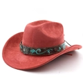 Détail d'un chapeau de cowboy avec bandeau en cuir brun, broderie florale et boucle argent - M (56-58cm) / Rouge Brique