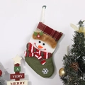Green knit Christmas stocking with snowman applique and festive red plaid cuff trim - Small Snowman