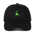 Schwarze Baumwoll-Baseballkappe mit lustiger grüner Frosch-Stickerei auf der Vorderseite - Verstellbar / Schwarz