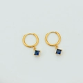 Golden hoop earrings with square blue zircon pendants and high-grade stainless steel finish - Gold Blue Square Earrings
