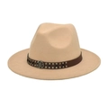 Detail of beige wool jazz hat featuring a brown leather band and silver metallic studs - M(56-58cm) / Beige