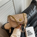 Quilted beige shoulder bag with gold chain lock and matching small coin purse accessory - New Khaki