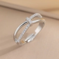 Cross-over knot open ring with micro-pave crystals in silver-tone polished finish - Silver