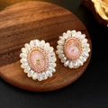 Orecchini a fiore vintage con fiori secchi rosa e foglia d'oro in cristallo - Stile Fiore Secco Ovale in Cristallo Rosa (14# Perno in Argento)