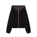 Women's casual zip-up velvet hoodie with ribbed cuffs in a premium velvet texture - XS / Coffee