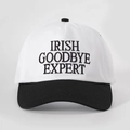 Close-up of IRISH GOODBYE EXPERT embroidery on a contrast cotton baseball cap - White and Black Splicing