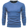 Detailed view of blue crewneck sweater showing fine knit texture and neckline sizing - S / Fog Blue