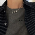 Punk silver cross pendant necklace featuring mismatched Cuban links and thin chain - Alloy Patchwork Cuban Chain Cross Necklace (2805)
