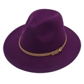 Classic dark purple wool fedora hat with a brown leather strap and gold buckle detail - M (56-58cm) / Purple