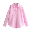 Classic pink long-sleeve cotton Oxford shirt for women with button-down collar and plain front - Pink