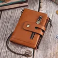 Vintage brown genuine leather wallet with bronze security chain on rustic wood desk - Style 2130 / Brown