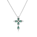 Close-up of cross pendant with pear-cut green stones and white zircons on silver chain - Platinum Color Green Zirconia