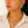 Silver vintage sunburst earring and layered necklace set worn by a fashion model - Silver Sun Jewelry Set (Studs + Necklace) (10857)