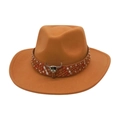 Western cowboy jazz hat in burnt orange felt with ethnic band and silver bull skull charm - One Size / Camel (Diamond Bull)