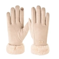 Beige winter gloves with plush fleece cuffs and heart-shaped touchscreen fingertip design - One Size / Beige