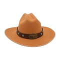 Brown wool jazz fedora hat with longhorn buckle and turquoise studs details - One Size / Camel Wrapped Edge (Turquoise Bull Head)